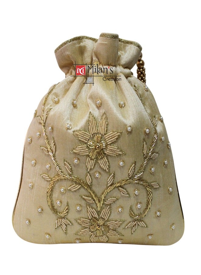 MILAN'S CREATION Golden Zardozi Work potli bags for Women Hand Embroidery Drawstring Potli Women's Handbag Purse With Pearl Handle & Tassel Purse (Gold) - Image 4